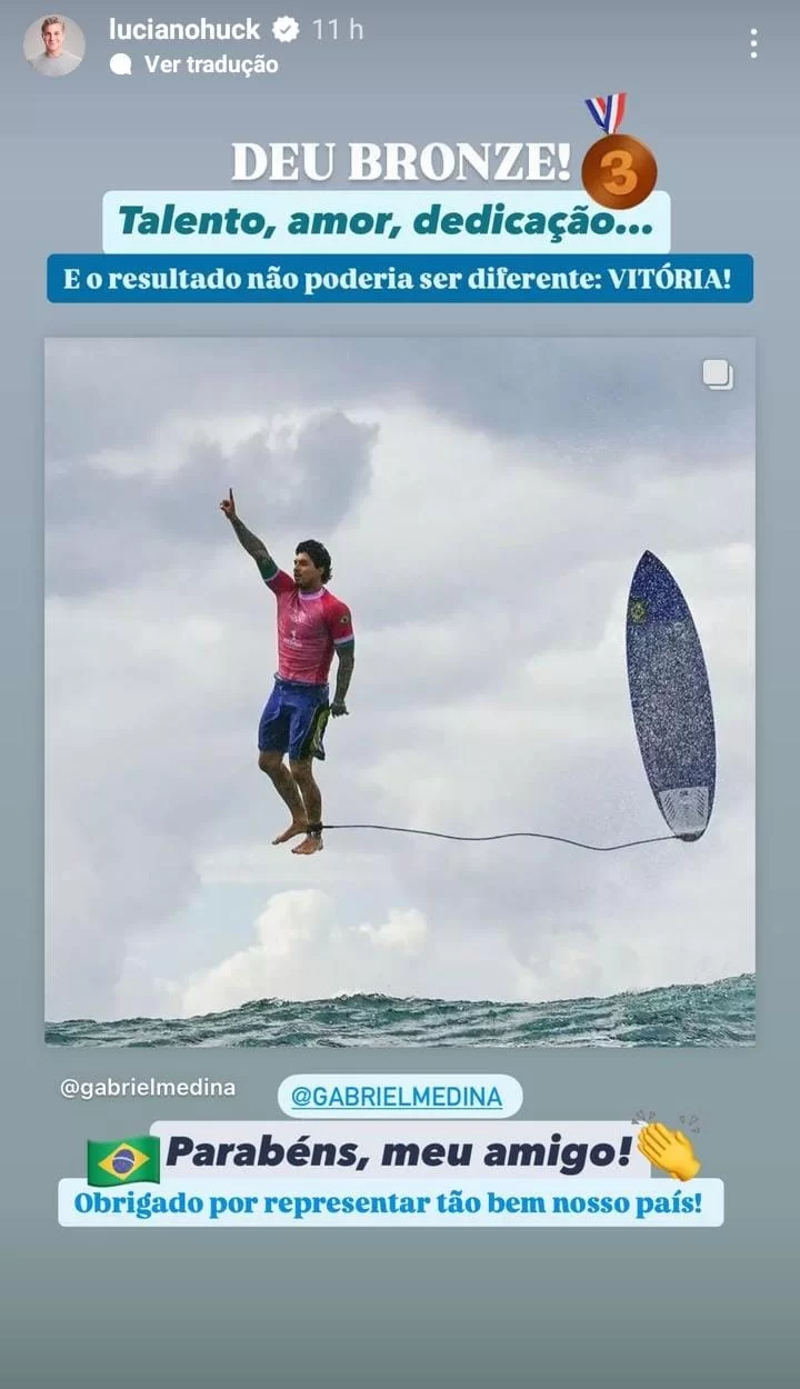 Luciano Huck celebra medalha de bronze de Gabriel Medina nas olímpiadas de Paris. (Foto: reprodução/Instagram/@lucianohuck) Lorena Bueri