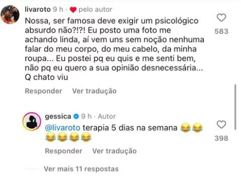 Gkay afirma fazer 5 sessões de terapia durante a semana para enfrentar as críticas (Foto: reprodução/Instagram/@Gessica) Lorena Bueri