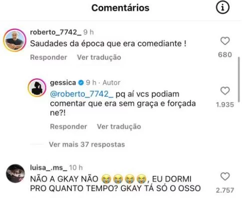 Gkay rebate comentários de internautas (Foto: reprodução/Instagram/@Gessica) Lorena Bueri