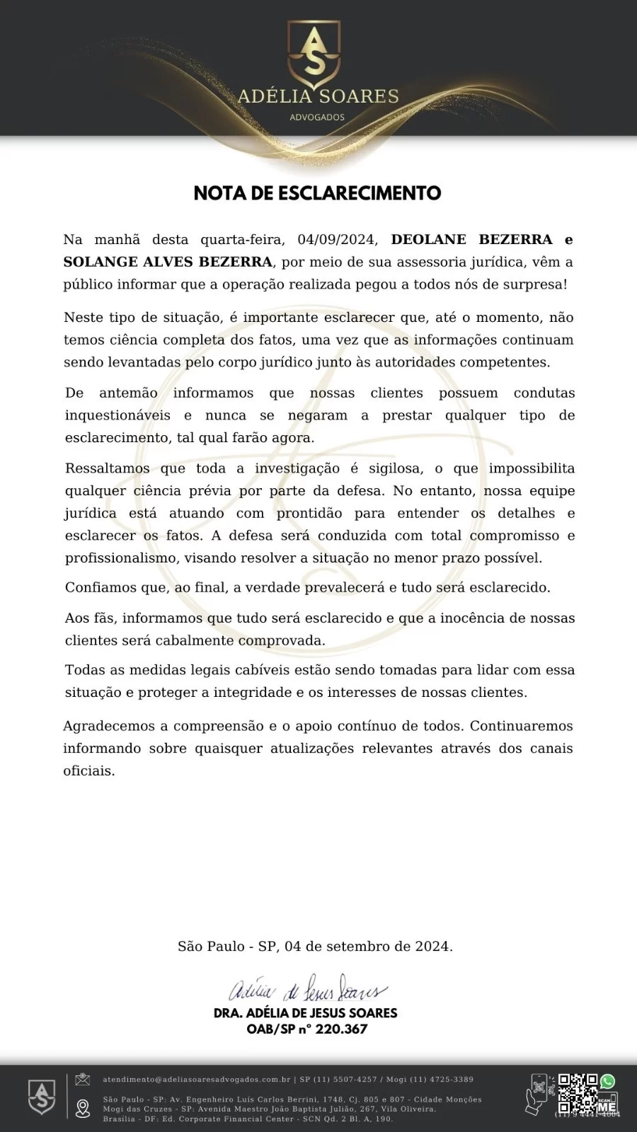 Nota da assessoria de Deolane