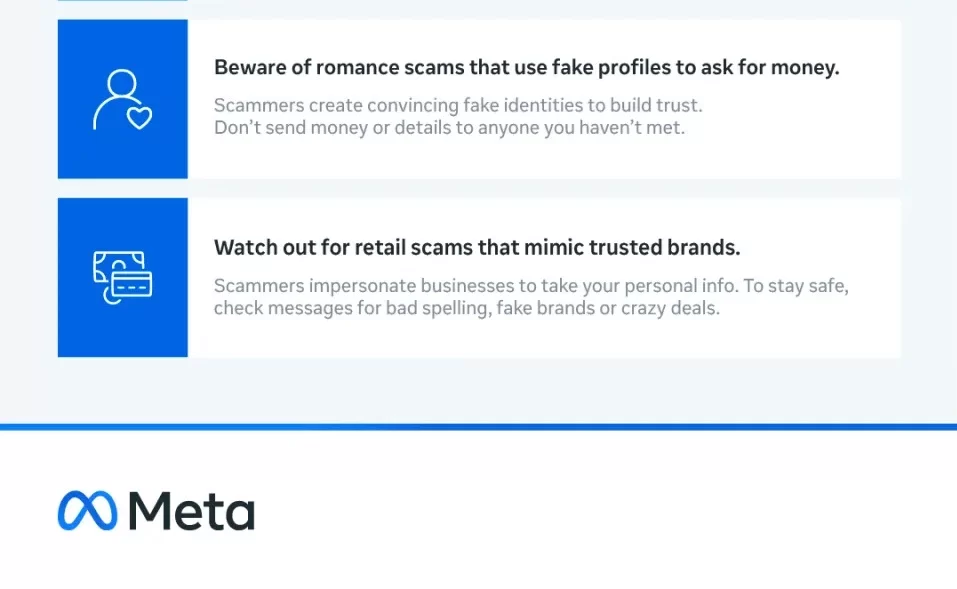 Meta apresenta sete dicas para identificar golpes online (Imagem: reprodução/Meta) Lorena Bueri