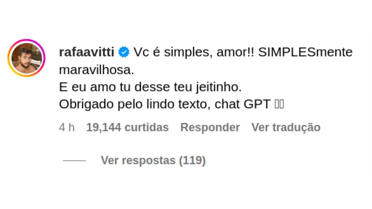 Comentário de Rafa Vitti na postagem da Tatá (Foto: Reprodução/Instagram/@tatawerneck)