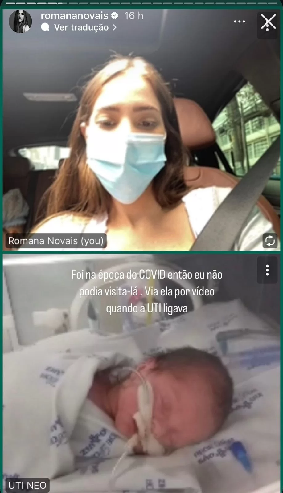 Stories compartilhados por Romana Novais sobre o nascimento prematuro da filha (Fotos: reprodução/Instagram/@romananovais) Lorena Bueri