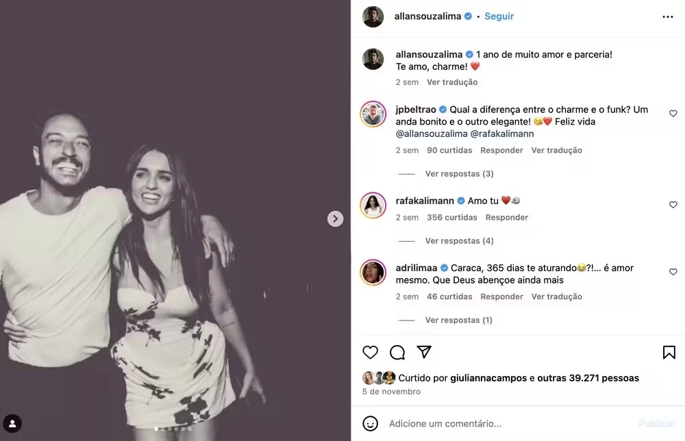 Ator se declarou recentemente durante comemoração de 1 ano do casal (Foto: Reprodução/Instagram/@allansouzalima)