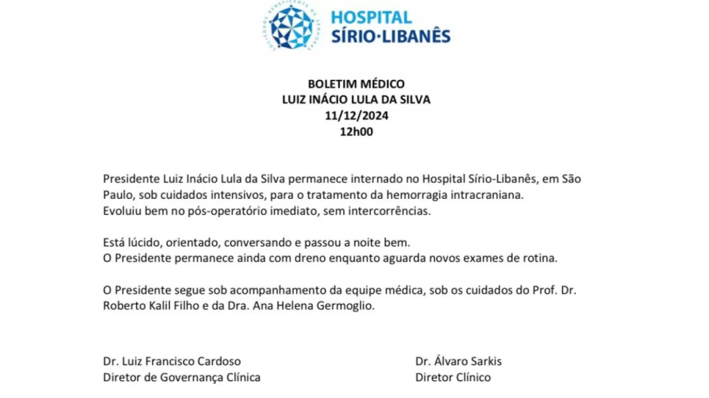 Boletim Médico do Presidente Lula fornecido pelo Hospital Sírio Libanês