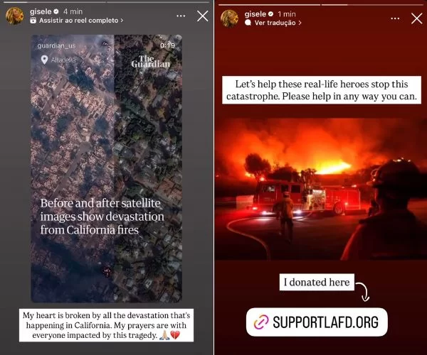 Modelo faz apelo nas redes sociais para doações aos atingidos por queimadas (Foto: Reprodução/Instagram/@gisele)