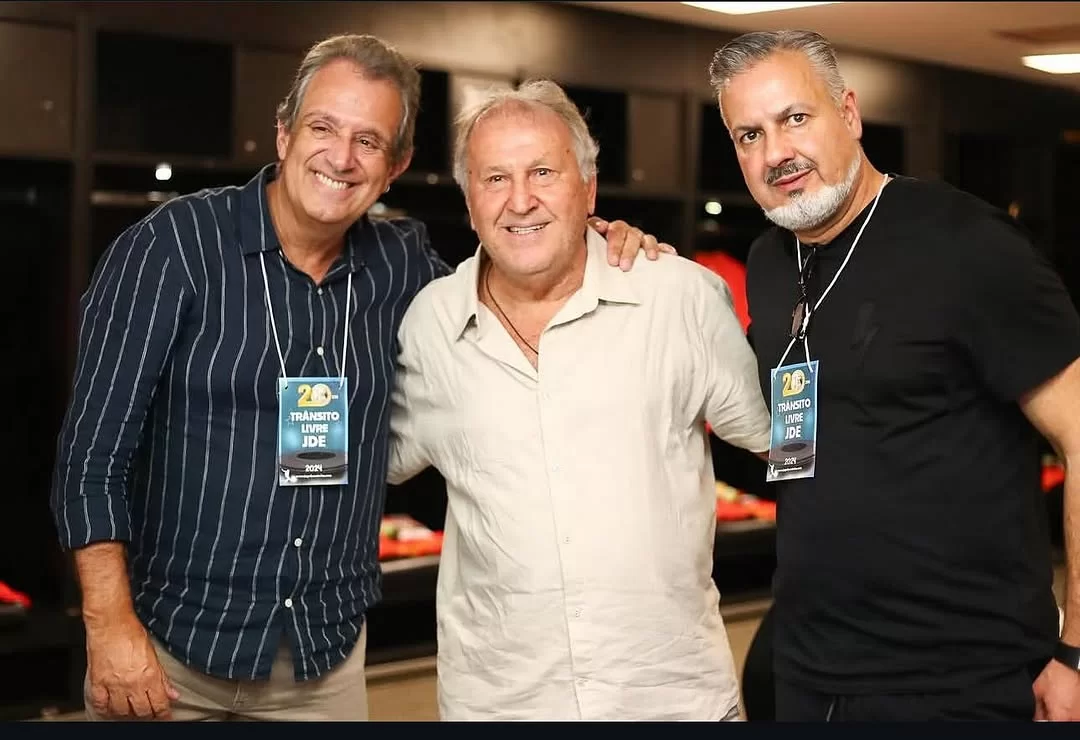 Luiz Eduardo Baptista, o Bap, presidente do Flamengo (esquerda), Zico, ex-craque e maior ídolo do Flamengo (centro) e José Boto, diretor de futebol do clube (Foto:reprodução/Instagram/@jboto.04)