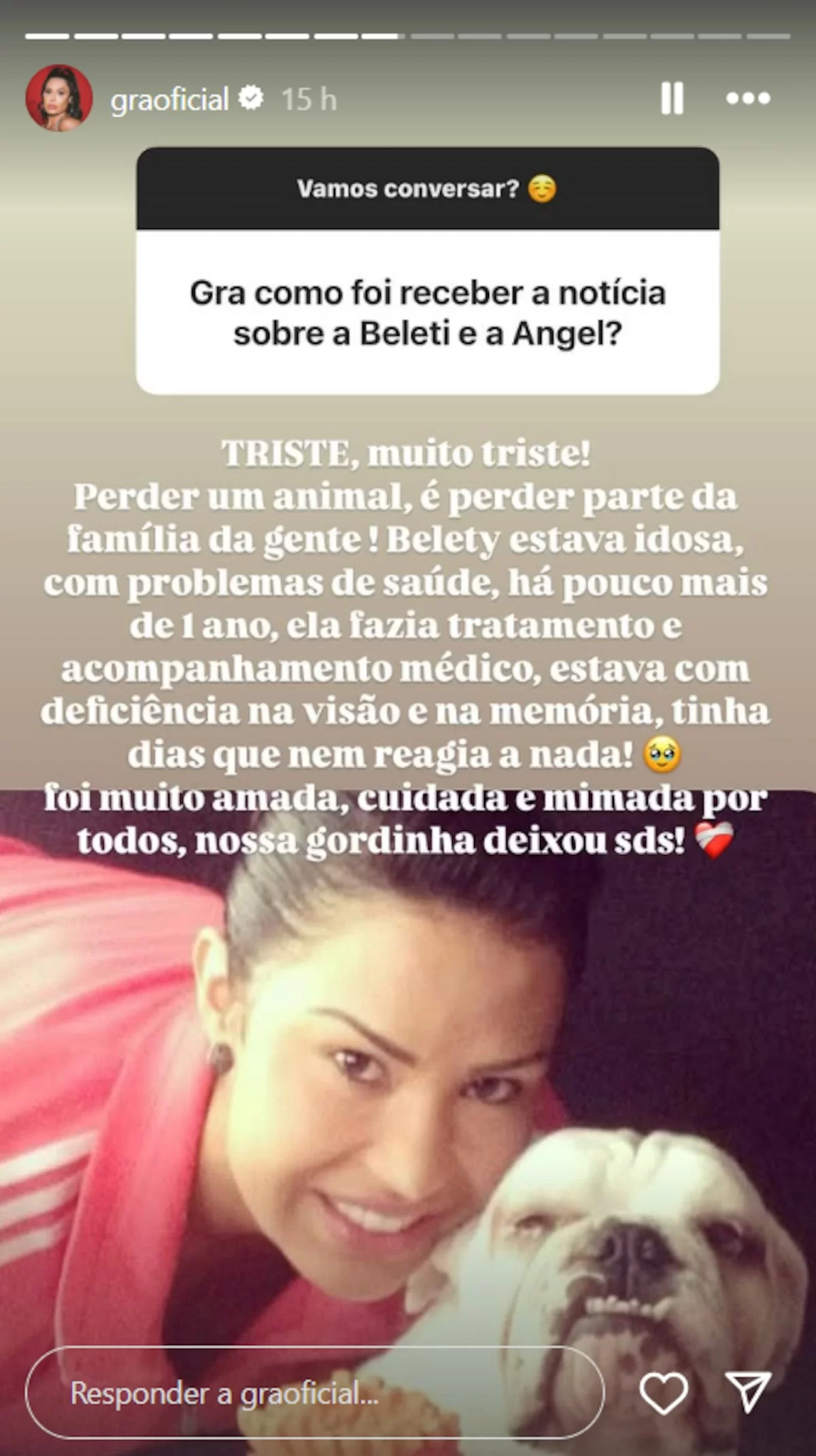 Gracyanne abre o coração sobre perda das cachorras (Foto: reprodução/Instagram/@graoficial) Lorena Bueri