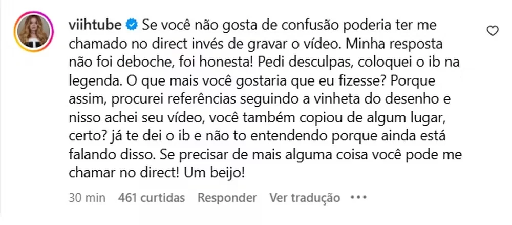 Comentário de Viih Tube em publicação de Graciely (Foto: Reprodução/Instagram@viihtube)