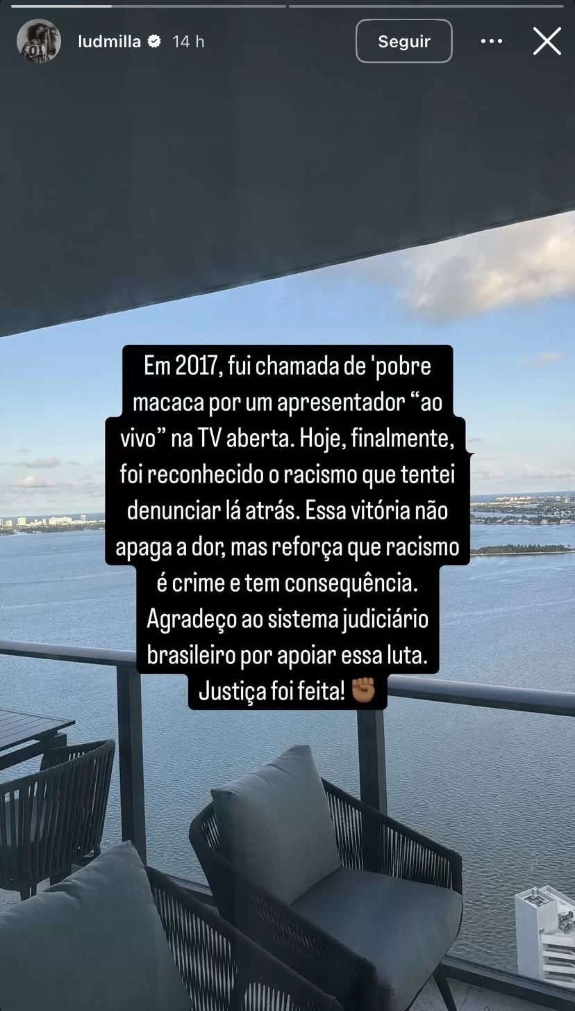 Ludmilla se pronuncia no stories após vencer processo de injúria racial contra apresentador (Foto: Reprodução/Instagram/@ludmilla)