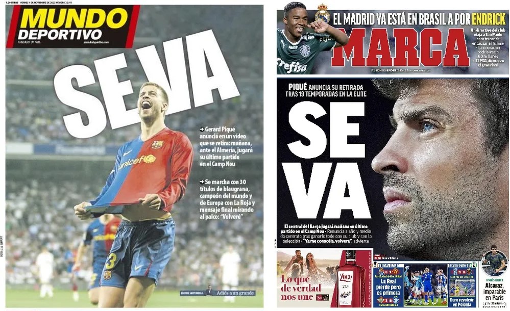 Capas de jornais espanhóis sobre aposentadoria de Gerard Piqué — Foto Reprodução.jpg