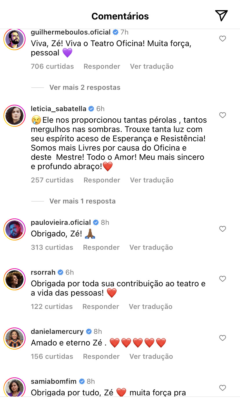 Diversas figuras públicas lamentaram a partida do diretor  (Reprodução/Instagram @oficinauzynauzona) Lorena Bueri