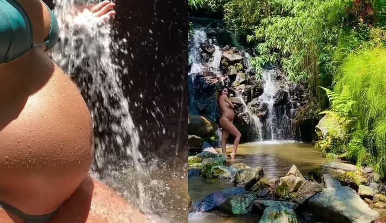 Grávida, Thaila Ayala exibe nua o seu barrigão de 8 meses em banho de cachoeira Lorena Bueri