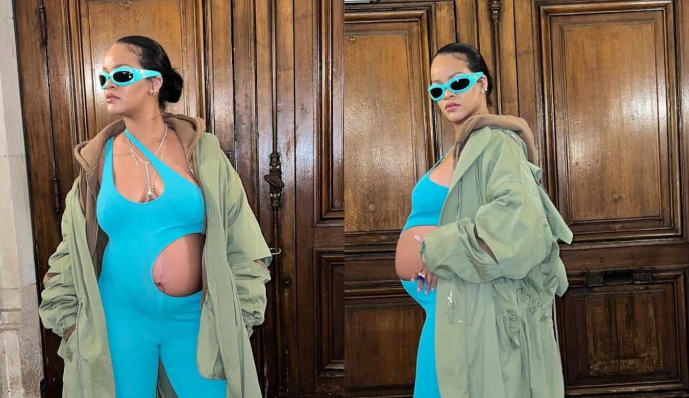 Rihanna exibe barriga de gravidez com macacão de grife 