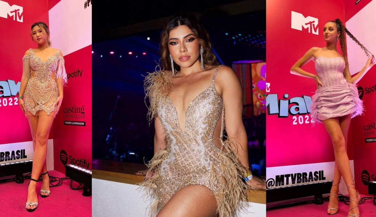 Com mais de 7 mil pedras de swarovski, Ingrid Ohara apresenta Pink Carpet do MTV Miaw com vestido assinado por Fernanda Baião Lorena Bueri