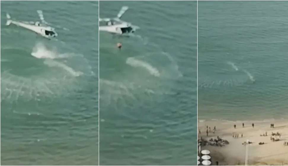 Policial salta do helicóptero no mar, realiza perseguição e captura suspeito, em Fortaleza