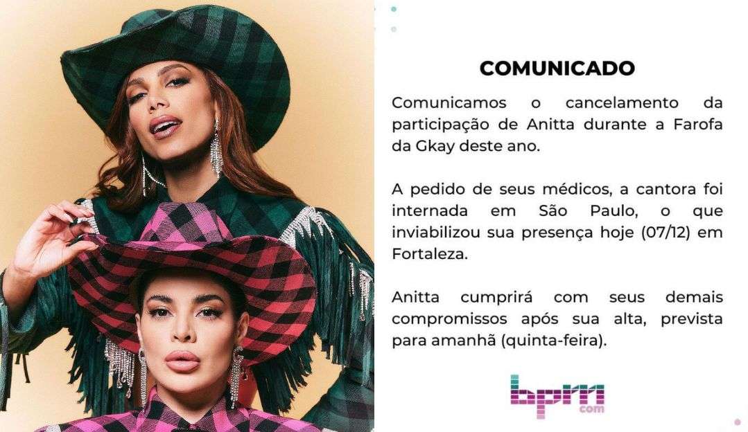 Anitta é internada pela segunda vez e cancela participação na “Farofa da Gkay” Lorena Bueri