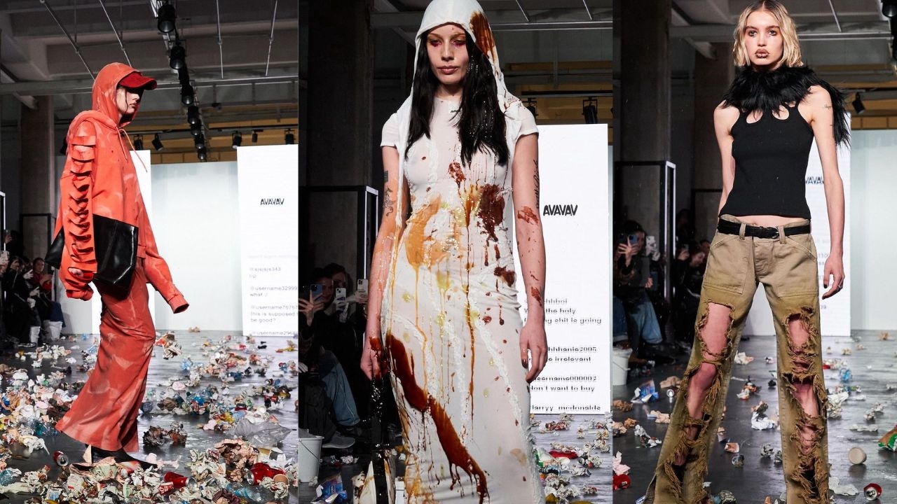 Semana de Moda de Milão: convidados atiram lixo em modelos Lorena Bueri