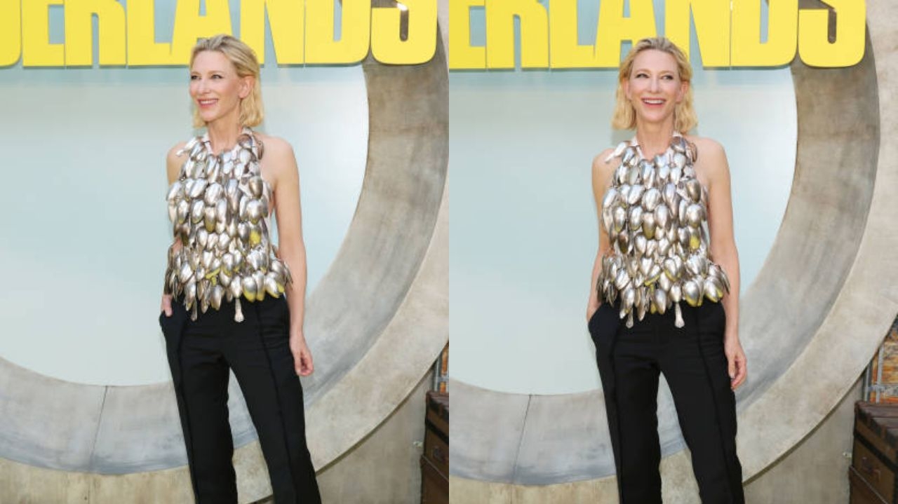 Cate Blanchett inova em premiere com blusa feita de colheres Lorena Bueri