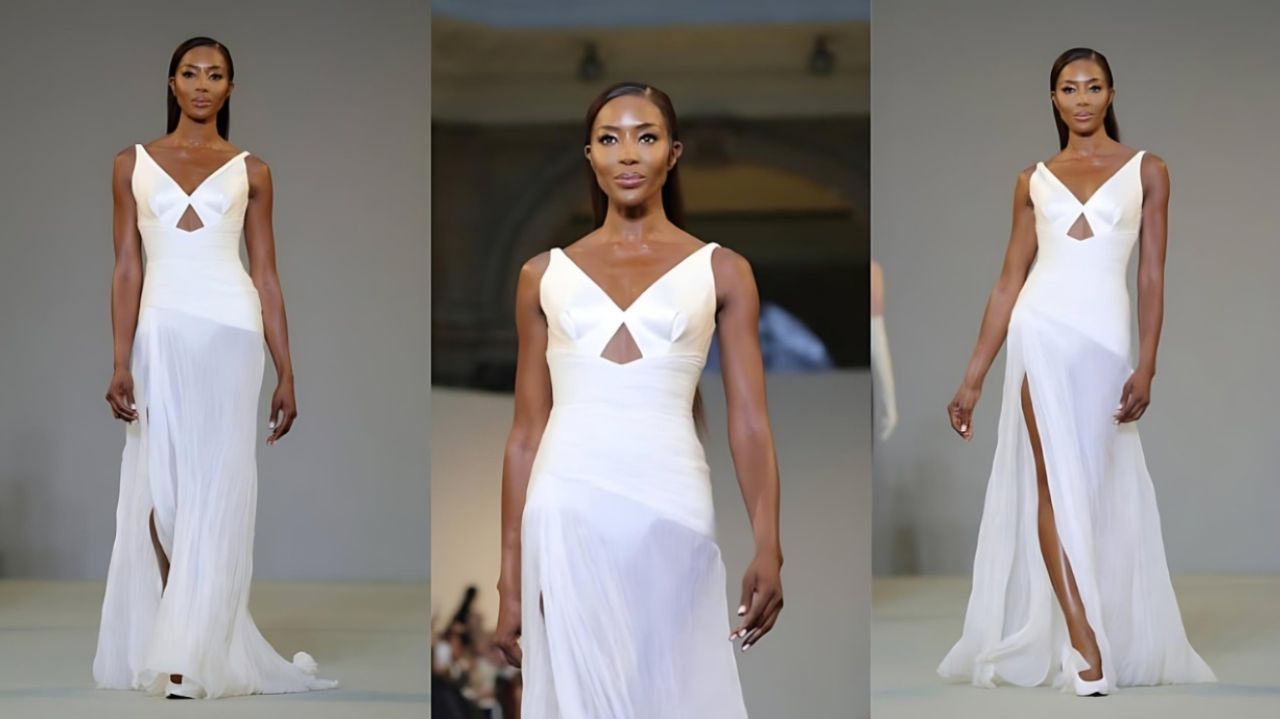 Desfile da Del Core: Naomi Campbell rouba cena com slip dress longo Lorena Bueri