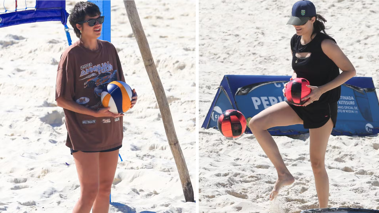 Agatha Moreira e Fernanda Tavares praticam futevôlei em praia no Rio Lorena Bueri