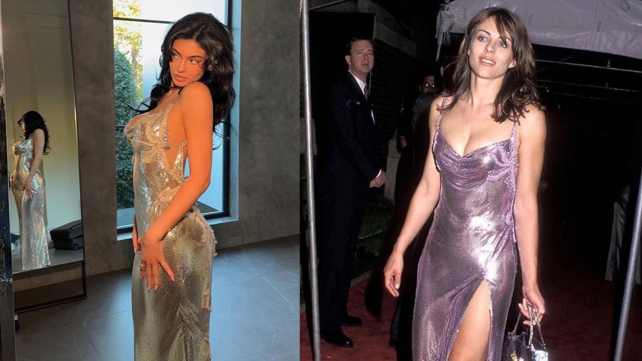 Kylie Jenner usa vestido semelhante ao de Elizabeth Hurley no Globo de Ouro 2025 Lorena Bueri