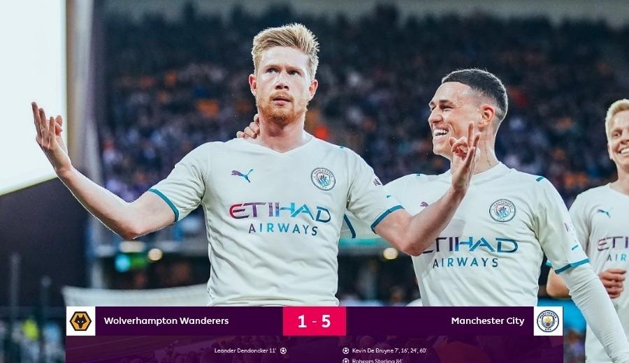 Bruyne marca 4 gols pelo Manchester em jogo contra Wolves