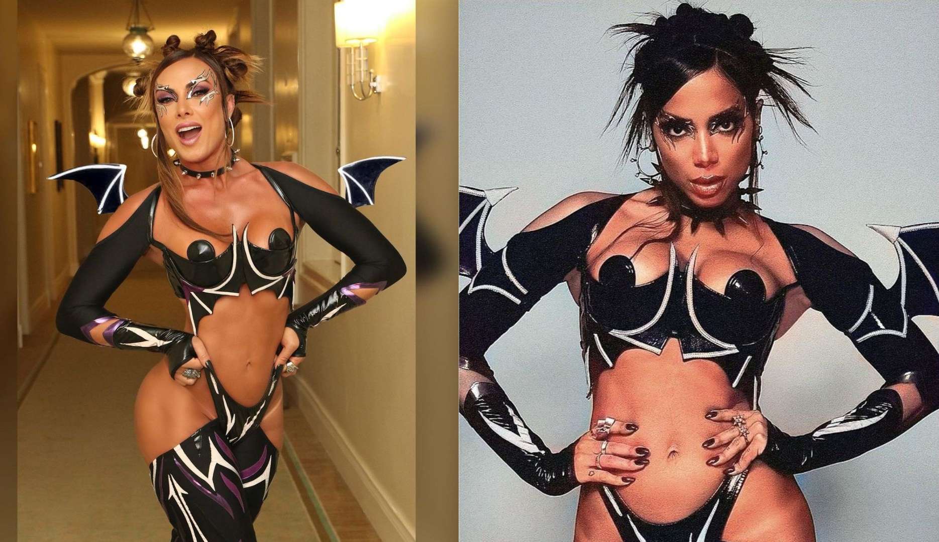 Nicole Bahls homenageia Anitta em fantasia para Halloween do Copacabana Palace
