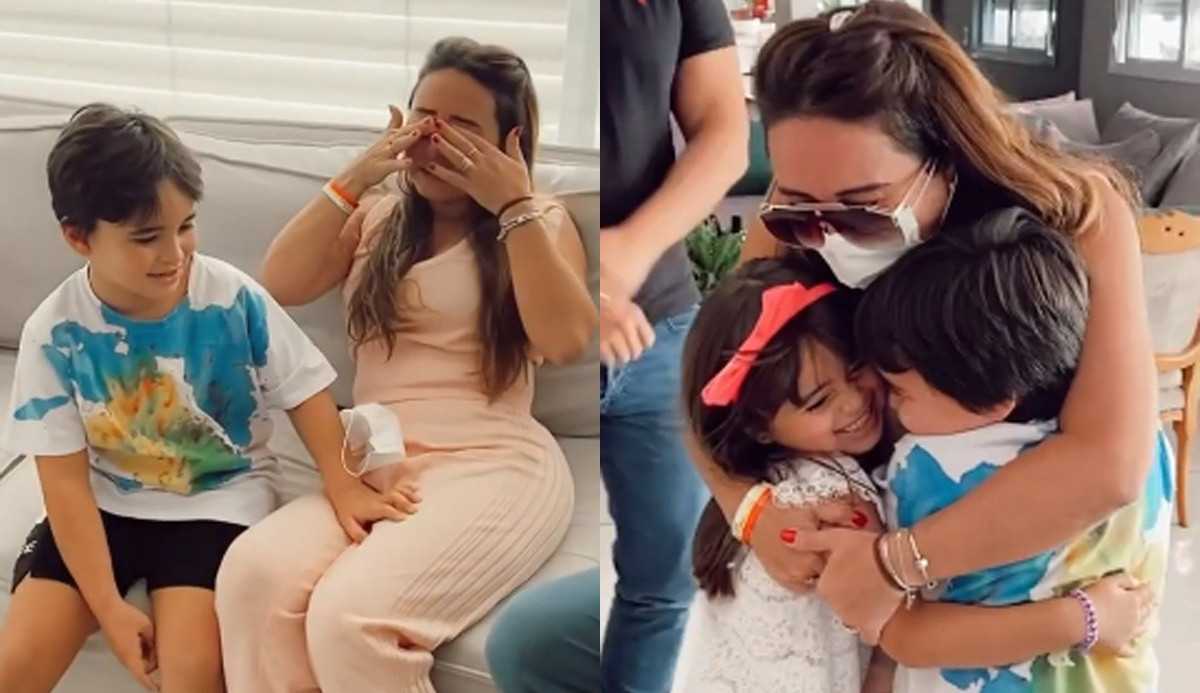 Karina Sato chora ao reencontrar os filhos após internação por covid-19