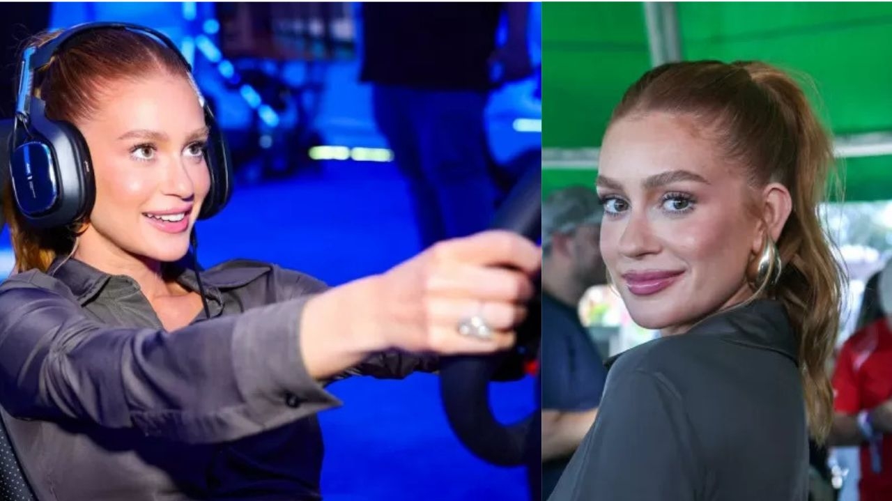 Marina Ruy Barbosa se diverte em simulador no GP Brasil de F1
