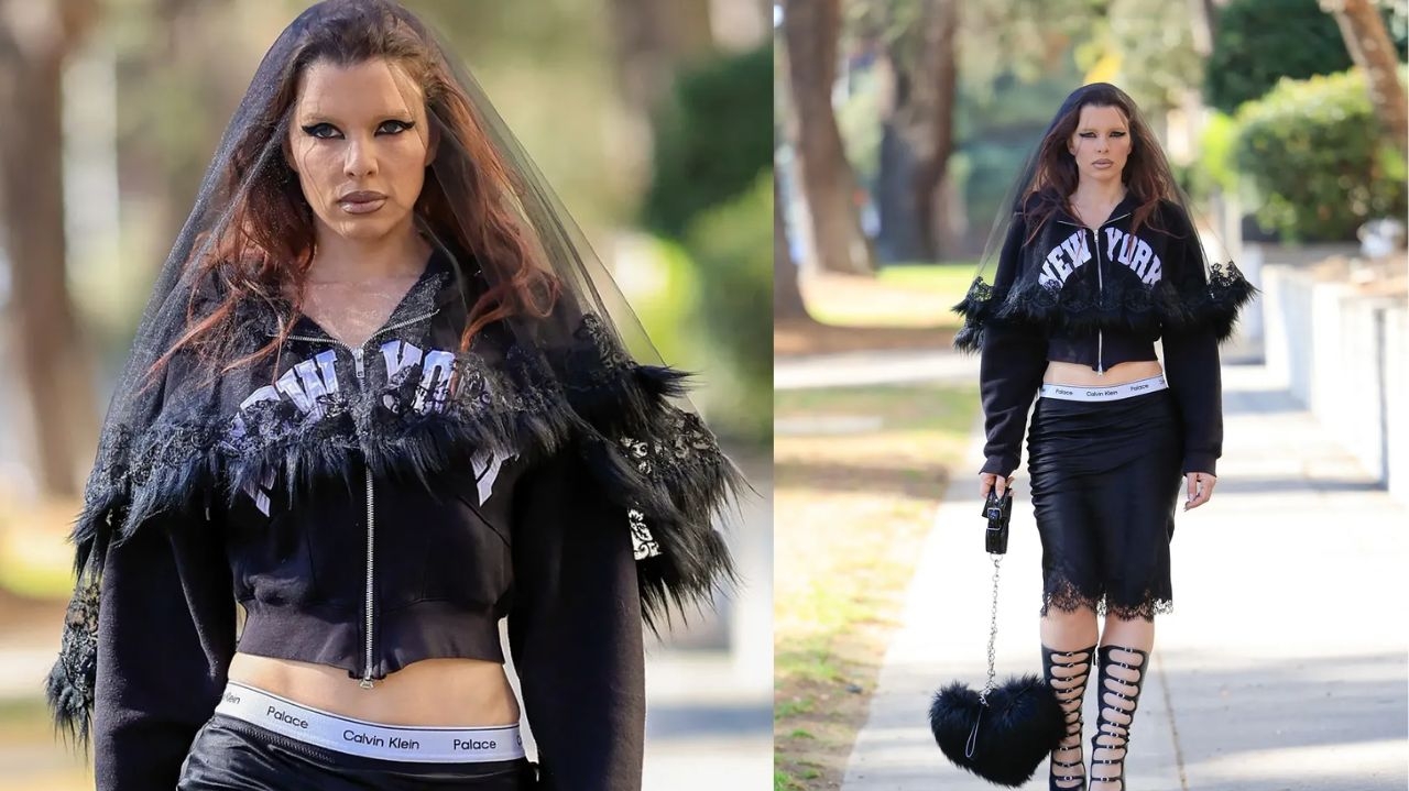 Julia Fox exibe look dramático com véu preto nas ruas de Los Angeles