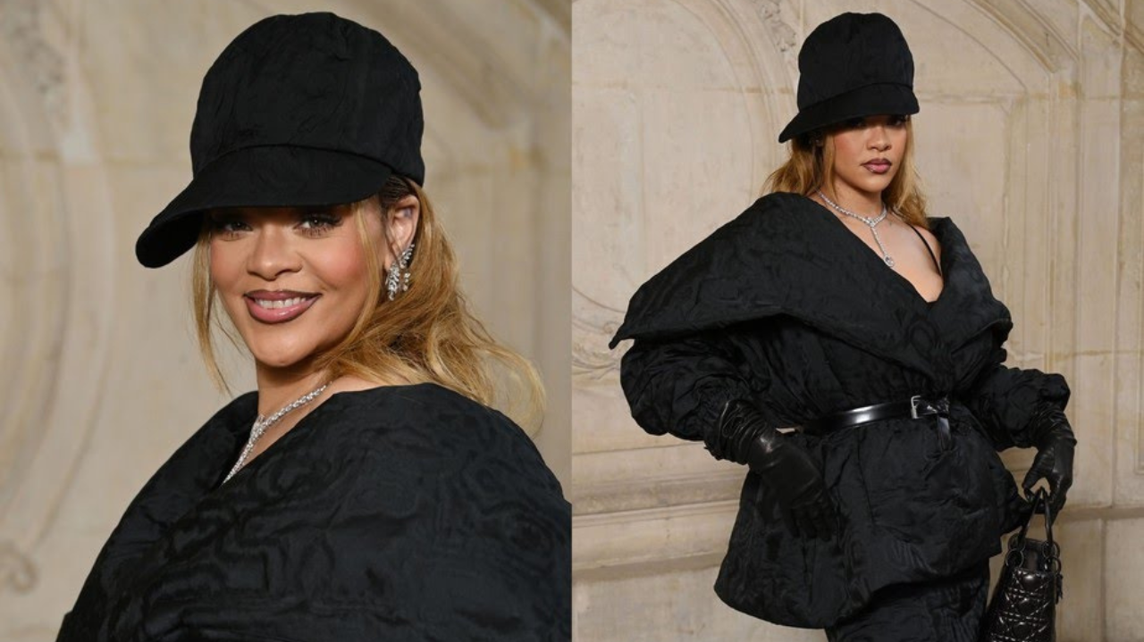 Rihanna surpreende ao surgir com look monocromático em desfile da Dior
