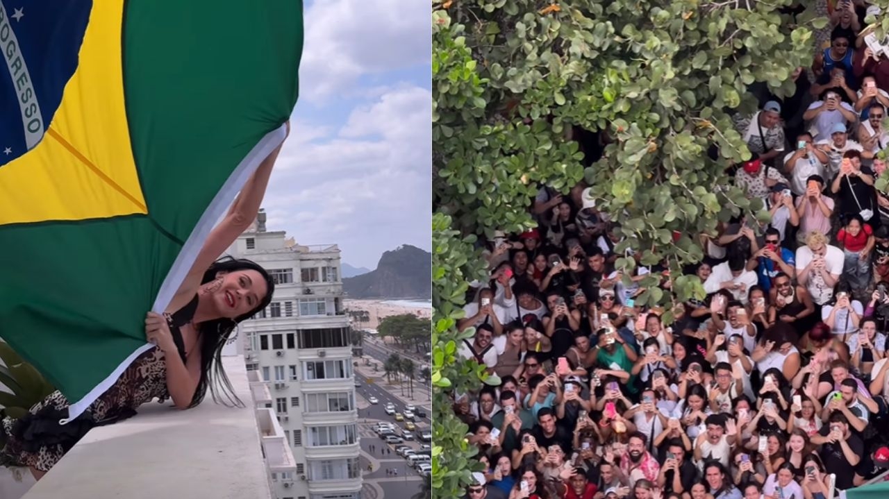 Katy Perry agita fãs ao interagir com eles na sacada de hotel no Rio de Janeiro