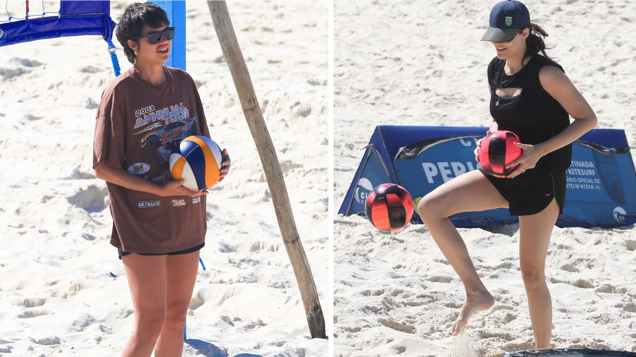 Agatha Moreira e Fernanda Tavares praticam futevôlei em praia no Rio