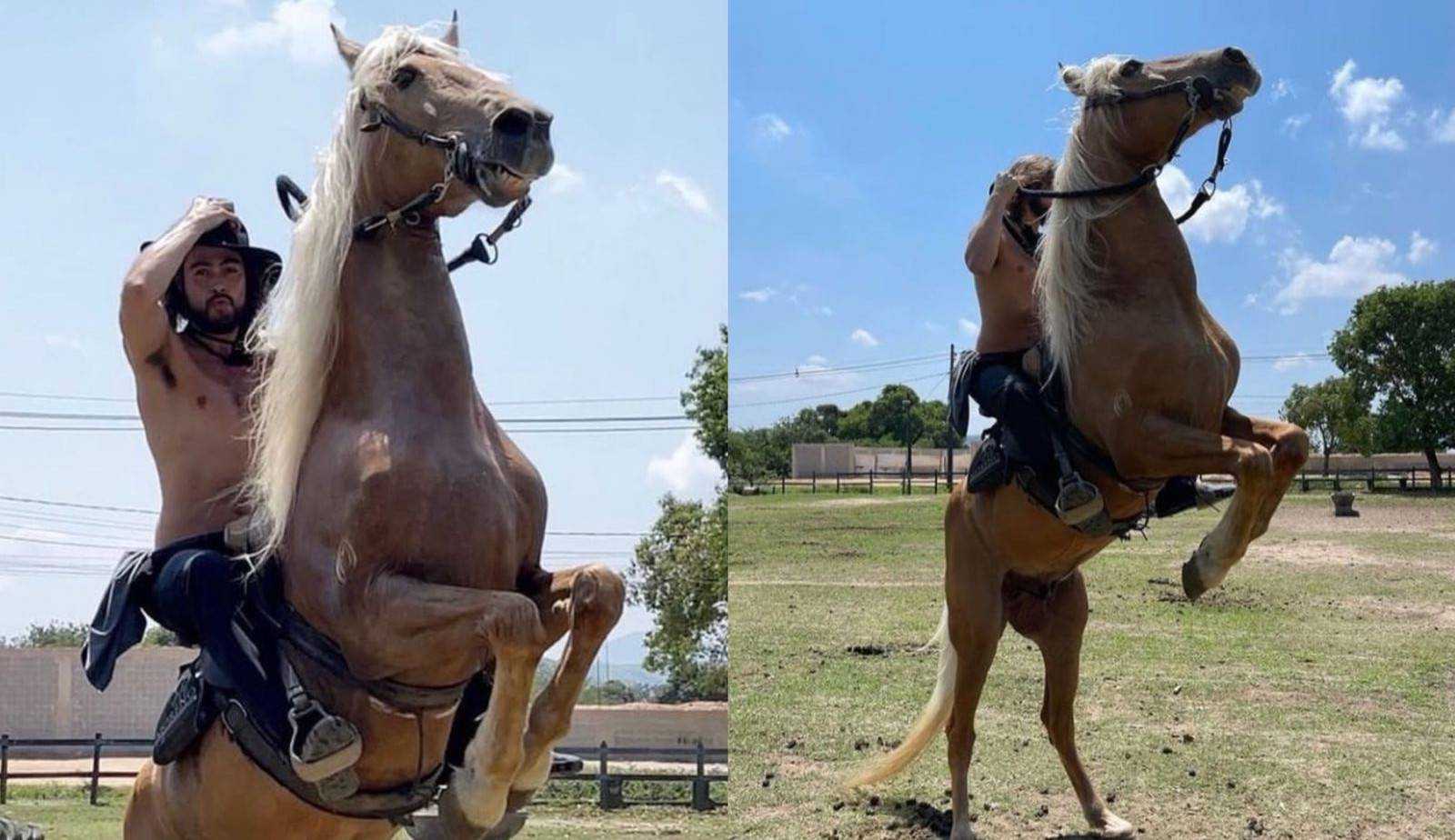 Rafa Vitti anda a cavalo para gravação de nova novela e Tatá brinca: “/Meu Paula Fernandes”/