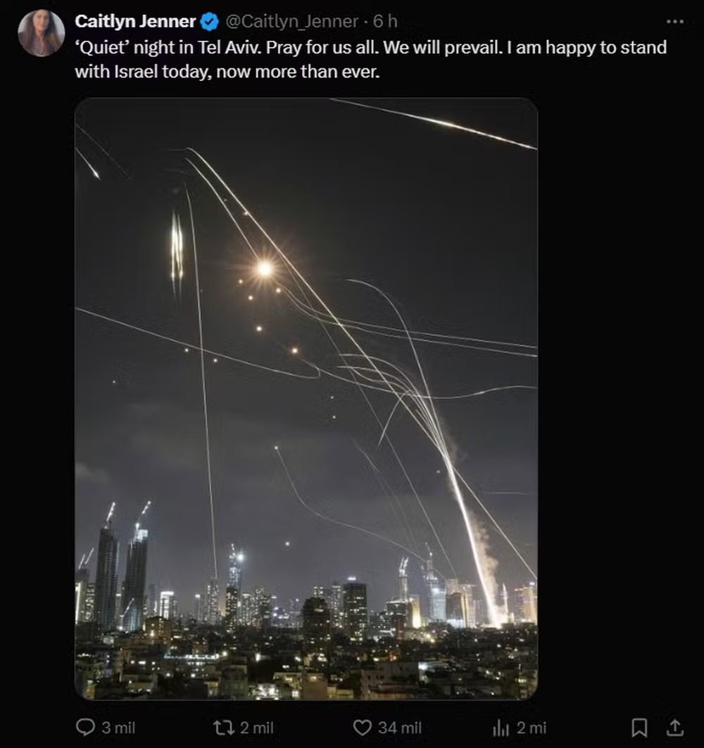 publicação de caitlyn jenner no x, expondo uma foto dos bombardeios em tel aviv.