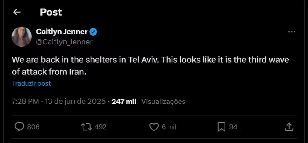 publicação de caitlyn jenner no x sobre os bombardeios.