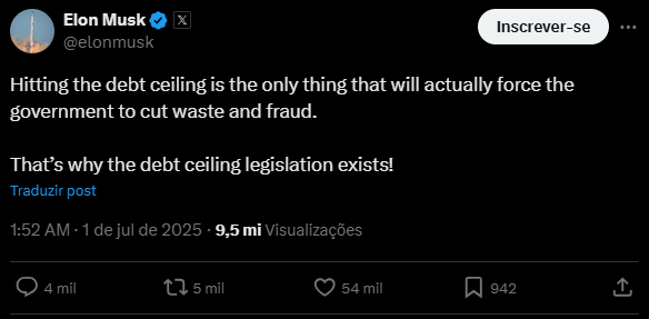Um dos tweets publicados por Musk ao criticar a proposta orçamentária