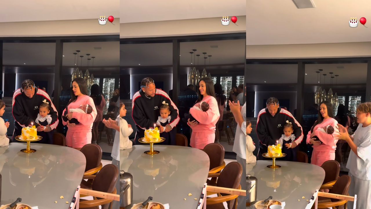 Bruna, Neymar e seus filhos cantando parabéns para Mel