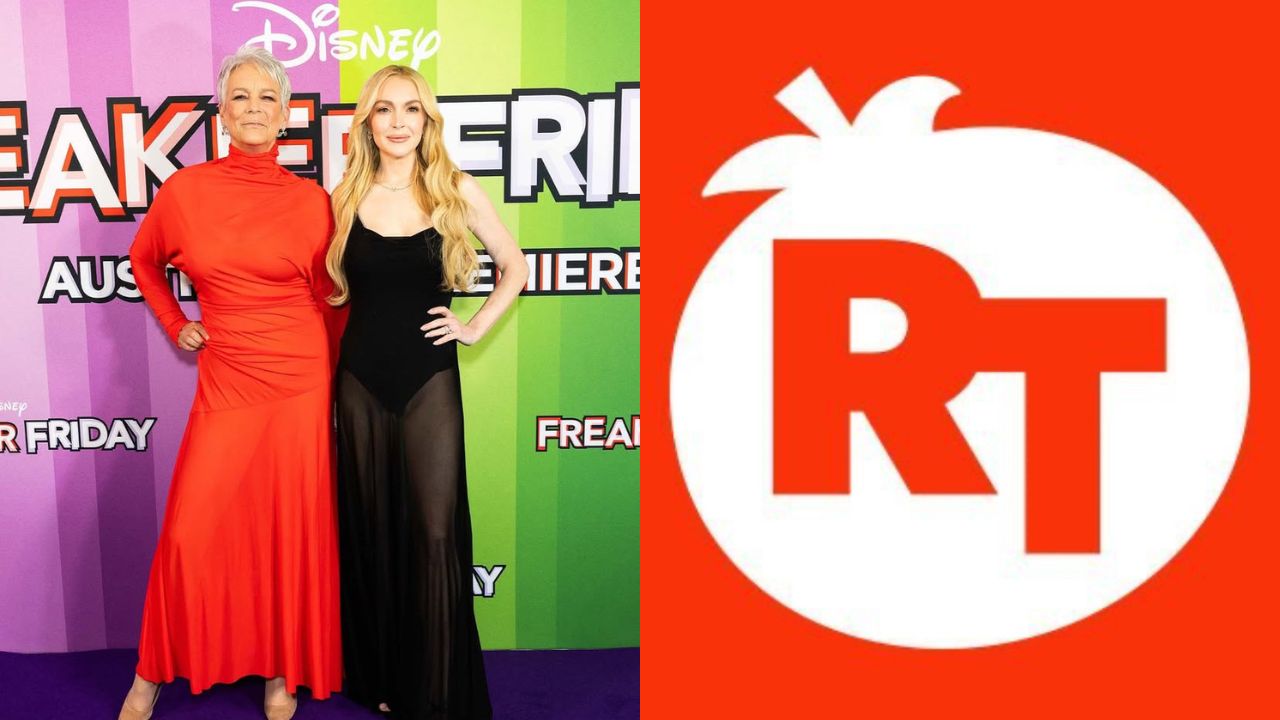 à esquerda, Jamie Lee Curtis e Lindsay Lohan; à direita, o logo do Rotten Tomatoes | Reprodução/Instagram/X/@lindsaylohan/@RottenTomatoes
