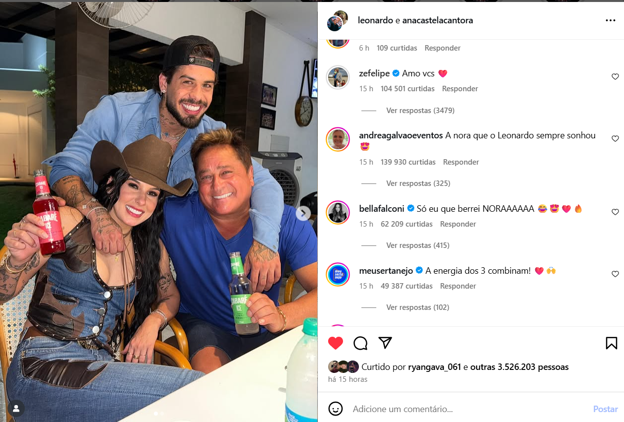 Foto publicada por Leonardo e comentário de Zé Felipe 
