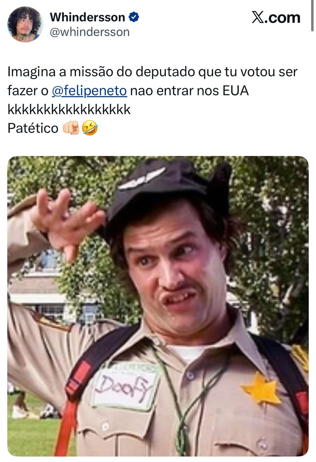 post de Whindersson Nunes no X 