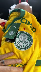 camisa amarela do palmeiras com a logo do cimed