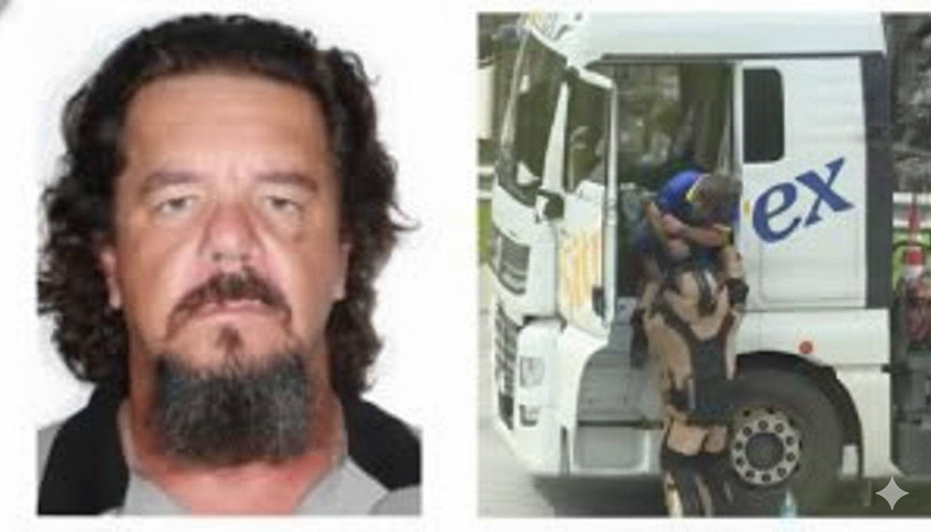 Foto de Dener, ao lado ele sendo resgatado da carreta onde estava | Reprodução/TV Globo